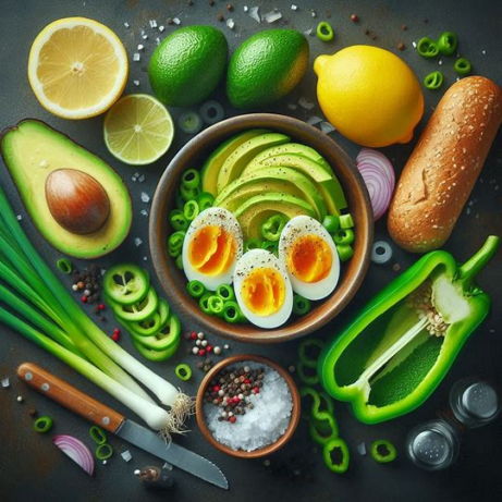 Avocado spread with eggs, bell pepper and spring onion.